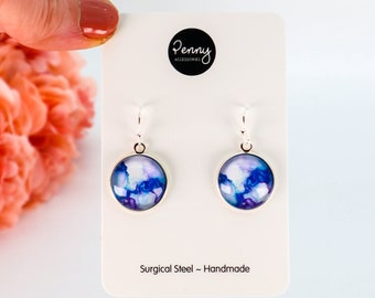 MARBLE DANGLE EARRINGS • Sterling Silver Drop Earrings • Blue Marble Drop Earrings • Gift For Her