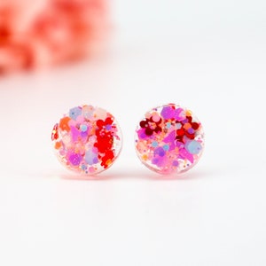 PINK PETALS EARRING Studs • Circle Glitter Resin Stud Earrings • Pink  Earrings • Surgical Stud Earrings • Gift For Her • Pink Petals #257