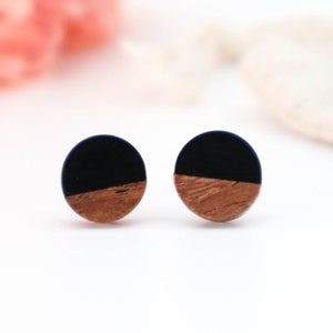 MINIMALIST EARRINGS STUDS, Black Resin with Wood Circle Stud Earrings, Hypoallergenic Earring Studs, Black Wood #331