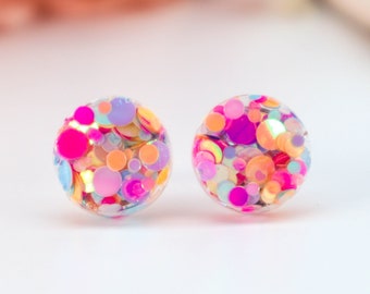 PINK GLITTER EARRING Studs • Circle Glitter Resin Stud Earrings •  Surgical Stud Earrings • Gift For Her • Sparkly Pink #124