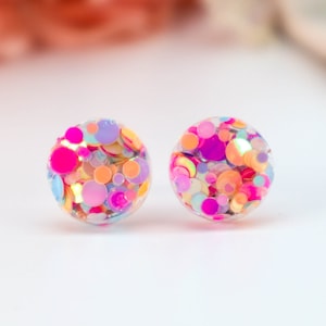 PINK GLITTER EARRING Studs Circle Glitter Resin Stud Earrings Surgical Stud Earrings Gift For Her Sparkly Pink 124 image 1