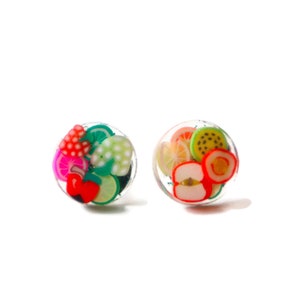 FRUIT SALAD RESIN Stud Earrings • Circle Resin Stud Earrings • Colourful Hypoallergenic Earrings • Fruit Salad #035