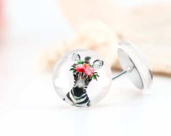 ZEBRA STUD EARRINGS • Cute Zebra Earrings • Animal Lover Gift • Glass Stud Earrings • Surgical Steel • Floral Zebra #002