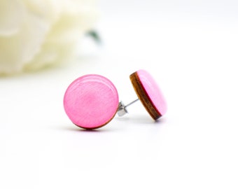 SOLID PALE PINK Wooden Stud Earrings, Pink 15mm Resin Colour Dot, Circle Stud Earrings, Titanium Earrings, Australian Made, Light Pink #524