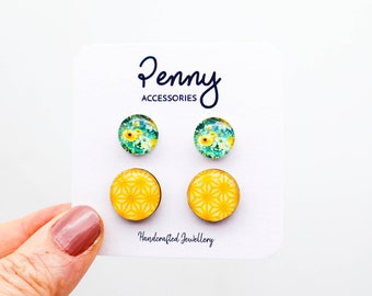 YELLOW EARRINGS STUD Pack, Yellow Flower Earrings, 15mm Yellow Resin Earrings On Wood, Cute Earring Pack, Gift For Her #382