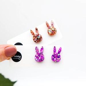 PINK RABBIT GLITTER Stud Earrings, Easter Bunny Earrings, Easter Gift, Cute Rabbit Earrings, Sparkly Rabbit, Gift For Daughter #387