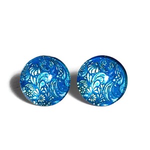 BLUE EARRING STUDS • Glass Dome Stud Earrings • Small Earrings • Patterned Earring Studs • Australian Made • Surgical Steel • Blue Mia #190