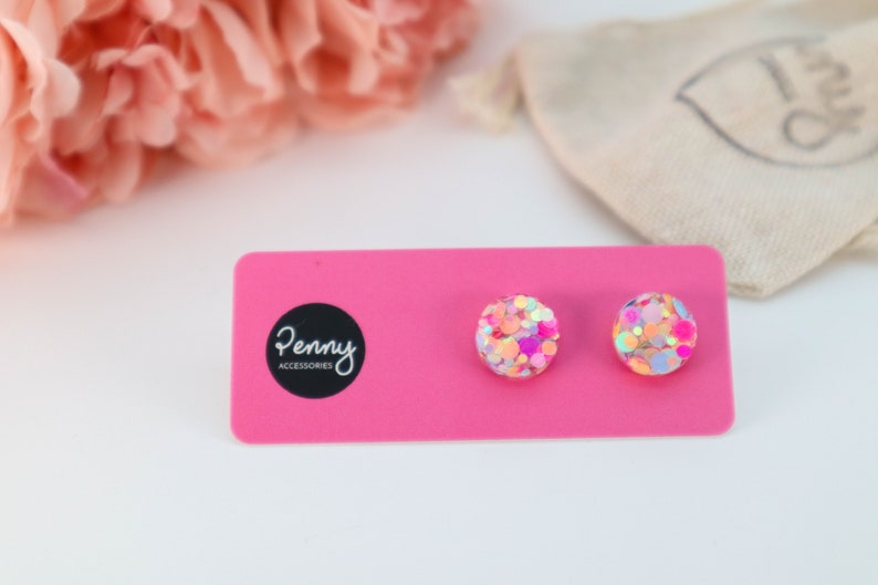 PINK GLITTER EARRING Studs Circle Glitter Resin Stud Earrings Surgical Stud Earrings Gift For Her Sparkly Pink 124 image 8