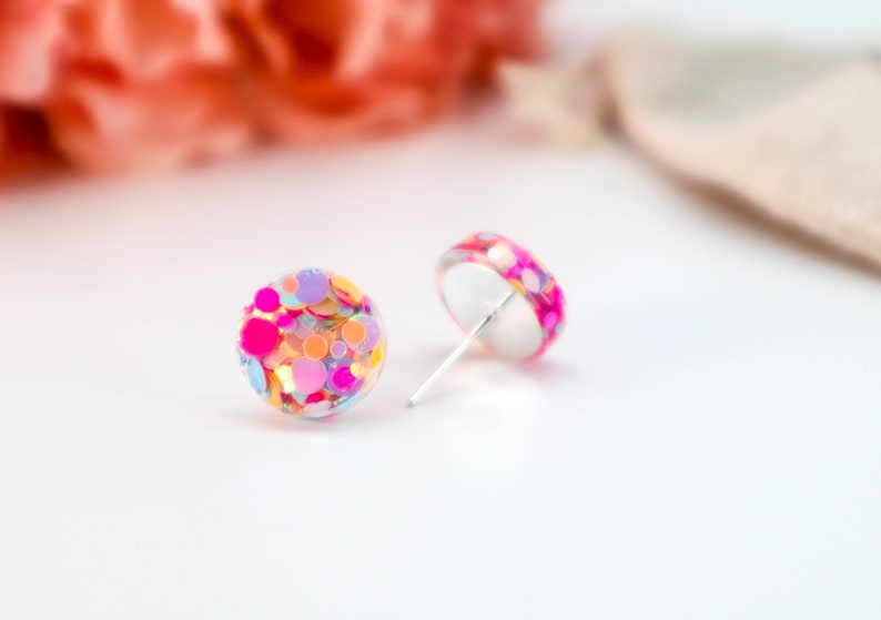 PINK GLITTER EARRING Studs Circle Glitter Resin Stud Earrings Surgical Stud Earrings Gift For Her Sparkly Pink 124 image 6