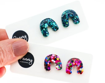 ARCH RAINBOW GLITTER Stud Earrings • Glitter Stud Earrings • Titanium Posts • Multicoloured Glitter Earrings • Australian Made #435