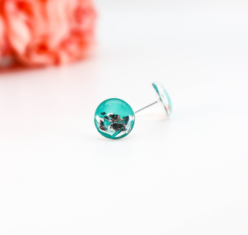 TEAL FOIL EARRING Studs Circle Glitter Resin Stud Earrings Surgical Stud Earrings Gift For Her Teal Foil 130 image 4