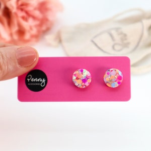 PINK GLITTER EARRING Studs Circle Glitter Resin Stud Earrings Surgical Stud Earrings Gift For Her Sparkly Pink 124 image 3