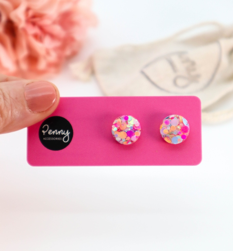 PINK GLITTER EARRING Studs Circle Glitter Resin Stud Earrings Surgical Stud Earrings Gift For Her Sparkly Pink 124 image 3