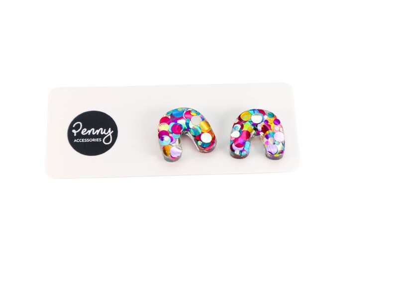 RAINBOW GLITTER Stud Earrings Arch Glitter Stud Earrings Titanium Posts Multicoloured Glitter Earrings Australian Made 249 2