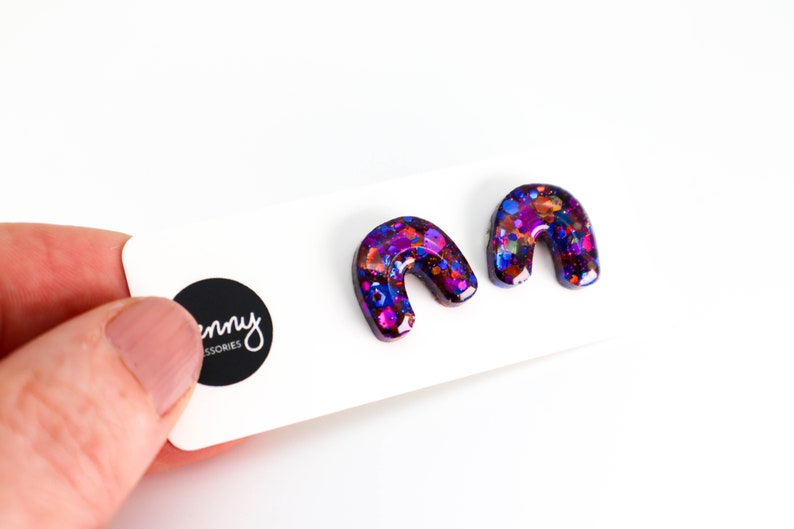 RAINBOW GLITTER Stud Earrings Arch Glitter Stud Earrings Titanium Posts Multicoloured Glitter Earrings Australian Made 249 image 5