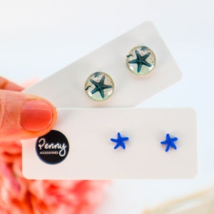 STARFISH EARRING STUDS, Nautical Earrings, Small Circle Glass Earrings, Surgical Steel, Starfish #185