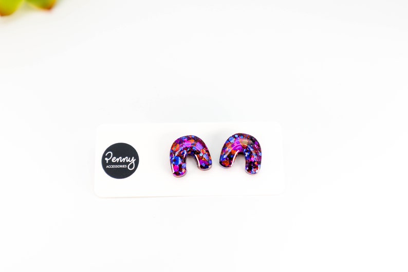 RAINBOW GLITTER Stud Earrings Arch Glitter Stud Earrings Titanium Posts Multicoloured Glitter Earrings Australian Made 249 1