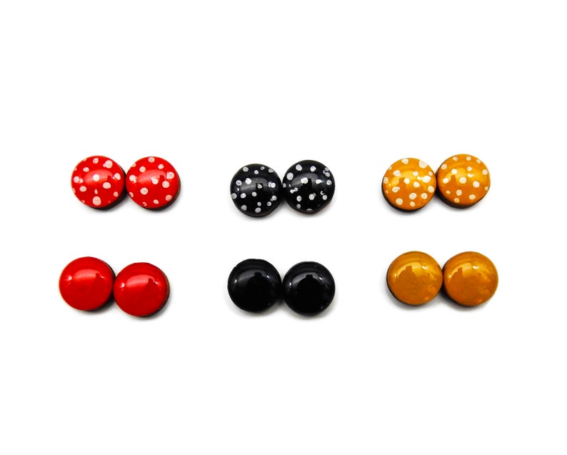 POLKA DOT STUD Earrings Red Mustard Black Resin Stud Earrings Surgical Steel Red Polka Dot Earrings Black Stud Earrings image 4