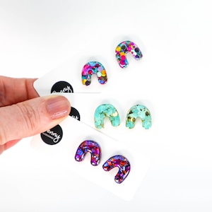 RAINBOW GLITTER Stud Earrings Arch Glitter Stud Earrings Titanium Posts Multicoloured Glitter Earrings Australian Made 249 image 1