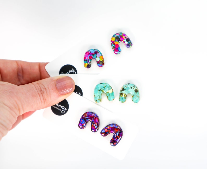 RAINBOW GLITTER Stud Earrings Arch Glitter Stud Earrings Titanium Posts Multicoloured Glitter Earrings Australian Made 249 image 1