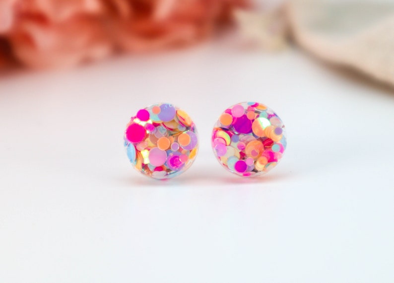PINK GLITTER EARRING Studs Circle Glitter Resin Stud Earrings Surgical Stud Earrings Gift For Her Sparkly Pink 124 image 1