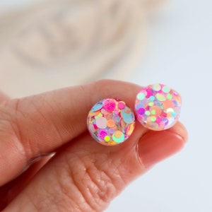 PINK GLITTER EARRING Studs Circle Glitter Resin Stud Earrings Surgical Stud Earrings Gift For Her Sparkly Pink 124 image 4