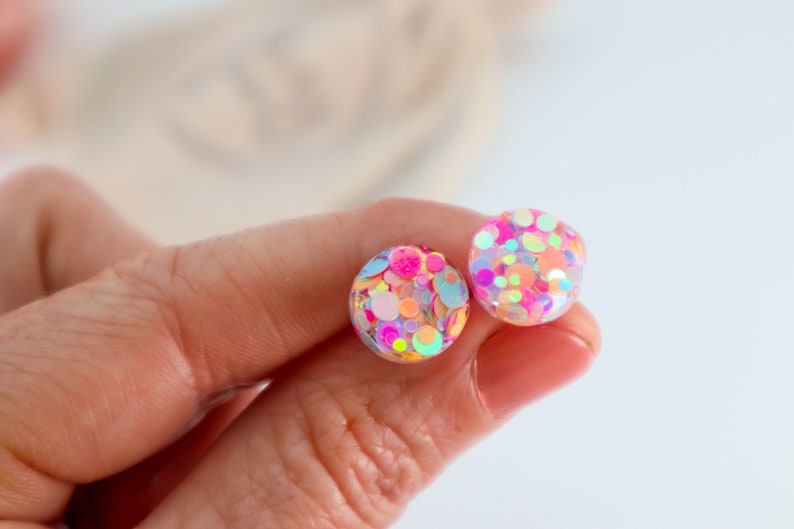 PINK GLITTER EARRING Studs Circle Glitter Resin Stud Earrings Surgical Stud Earrings Gift For Her Sparkly Pink 124 image 4