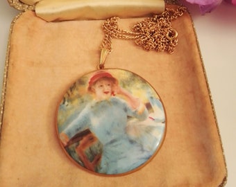 Vintage Auguste Renoir Pendant, Glazed Ceramic Portrait of Alphonsine Fournaise, Staffordshire China Pendant on a Gold Plated Chain, Gift