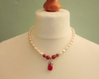 Stunning Vintage Necklace of Freshwater Pearls and Carnelian, Carnelian Pendant Necklace, Sterling Silver, Crystals. Ideal Gift for Her