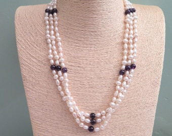 Vintage Freshwater Pearl & Amethyst Three Strand Necklace, c.1980s