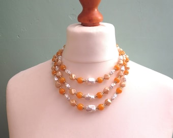 Vintage Three Strand Necklace, 1960s Necklace, Decorative Clasp. Mid-Century Necklace in Orange, Peach and White, 3 Strands