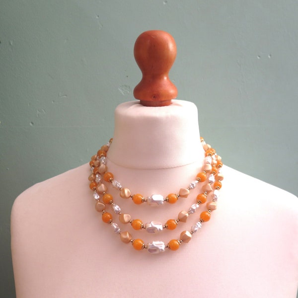 Vintage Three Strand Necklace, 1960s Necklace, Decorative Clasp. Mid-Century Necklace in Orange, Peach and White, 3 Strands