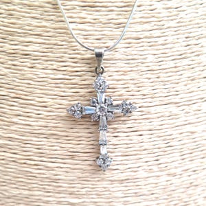 Vintage Sterling Silver Cross Pendant Necklace With Clear CZ