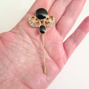 Vintage Black and Gold Tone Stick Pin with Rhinestones / Crystals, Gift for Her, c.1980s image 3