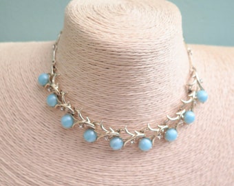 Vintage Pale Blue Thermoset Necklace with Sparkling Clear Rhinestones, c.1950s, Vintage Necklaces