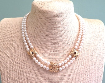 Vintage Two Strand Faux PearlNecklace with Embellishments, 1980s-1990s, Two Strand Pearl Necklace, Birthday Gift for Her