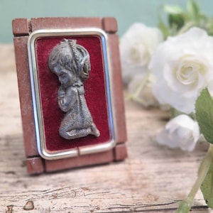 Vintage Picture of a Young Girl Praying, Pewter and Wood, Table Top Picture, Italian, c.1960s. Religious Gift, Communion, Confirmation Gift