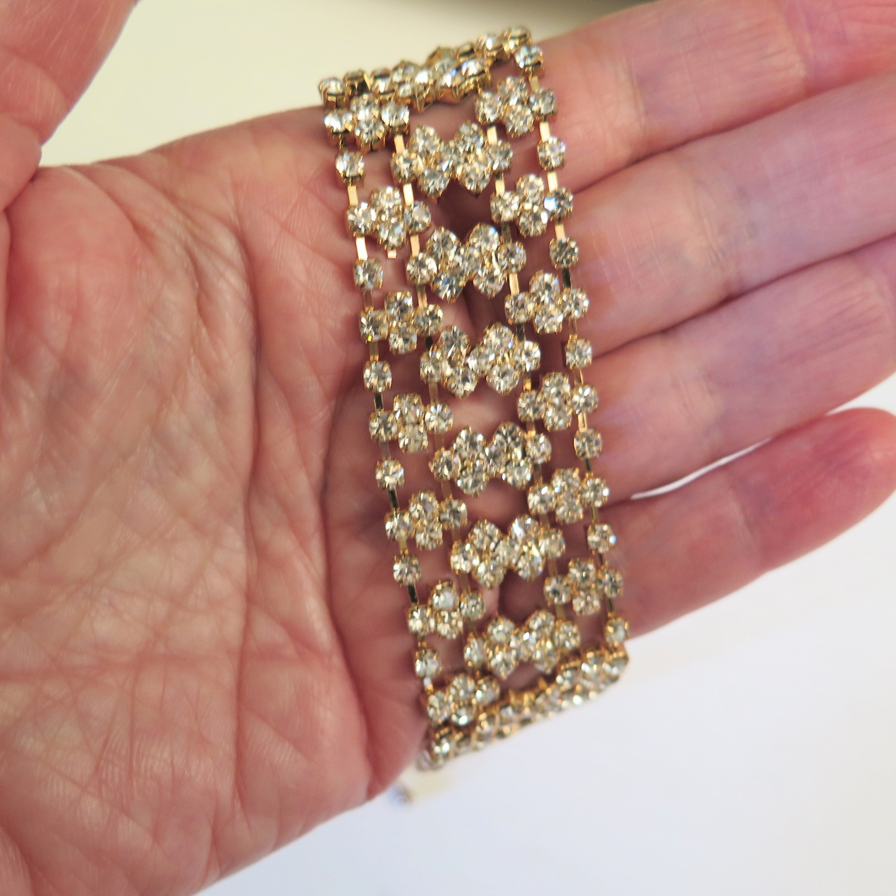 Vintage Clear Faceted Stones on Gold Cuff Bracelet –