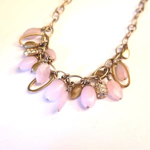 Vintage Dyrberg/Kern Necklace: Gold Tone Brass, Pink & Honey Stones, Crystal Charms, c.2000. Ideal Gift for Her, Designer Necklace