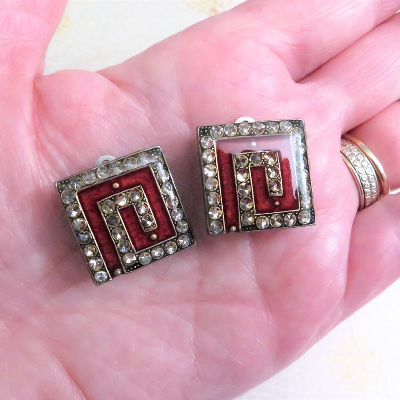 Crystal Rhinestones Brooch to Match Available Red Wine Maroon Vintage Pierre Bex Earrings Art Deco Style Clip On Earrings French Gift