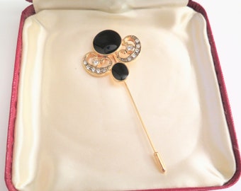 Vintage Black and Gold Tone Stick Pin with Rhinestones / Crystals, Gift for Her, c.1980s