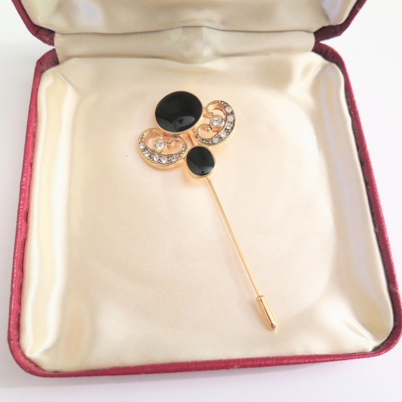 Vintage Black and Gold Tone Stick Pin with Rhinestones / Crystals, Gift for Her, c.1980s image 1