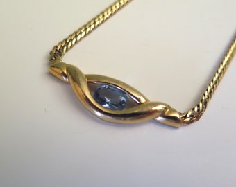 Vintage Gold Plated Necklace Set with an Aquamarine Stone, 18 Inches. Gift for Her, c. 1980s, March Birthday