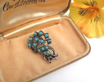 Vintage Flower Brooch, Silver Tone with Turquoise Stones. Something Old Something Blue Gift, c.1940s-50s