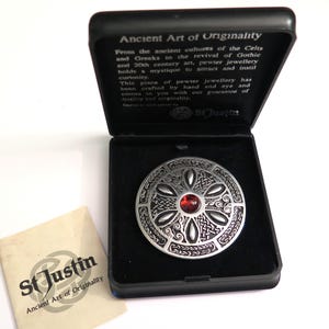 Large Vintage St Justin Celtic Pewter Brooch with a Dark Orange Glass Cabochon, Cornish Knotwork Brooch in Original Box, Gift for Her, 1980s