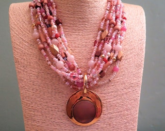 Vintage Joan Rivers Pink and Gold Torsade Necklace with Removable Pendant, Fabulous and Versatile Statement Piece, Multi Strand Necklace