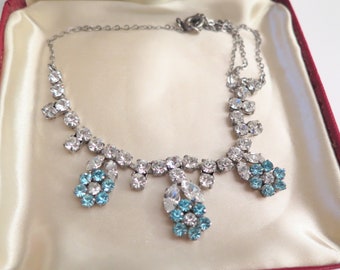 Pretty Vintage Necklace, Blue and Clear Stones, Floral, c.1950s