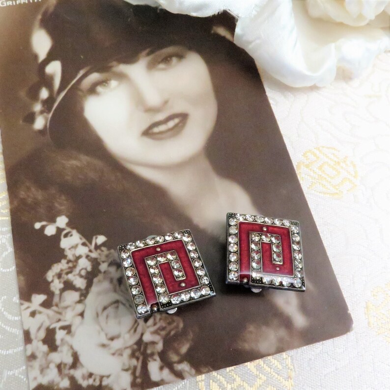 Crystal Rhinestones Brooch to Match Available Red Wine Maroon Vintage Pierre Bex Earrings Art Deco Style Clip On Earrings French Gift