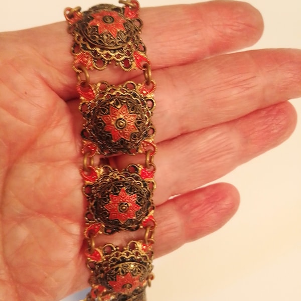 Vintage Red and Black Toledo Ware Filigree Bracelet, Spanish Domed Panel Bracelet, Gift for Her