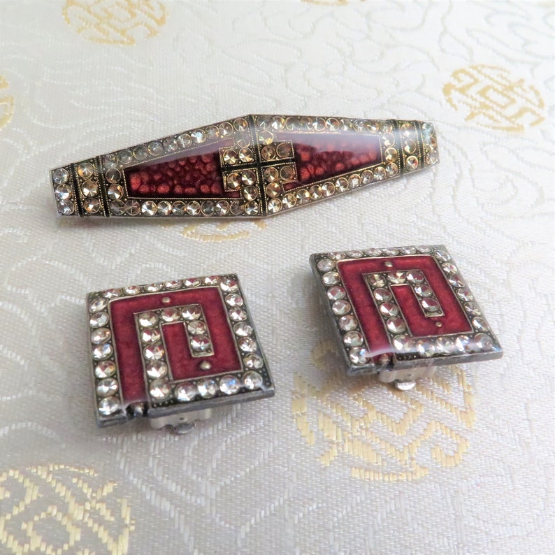 Crystal Rhinestones Brooch to Match Available Red Wine Maroon Vintage Pierre Bex Earrings Art Deco Style Clip On Earrings French Gift